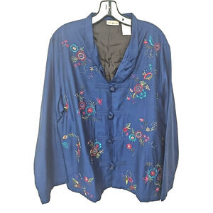 Y2K Asian Inspired Jacket Womens XL Floral Embroidered Silky Cottage Artsy